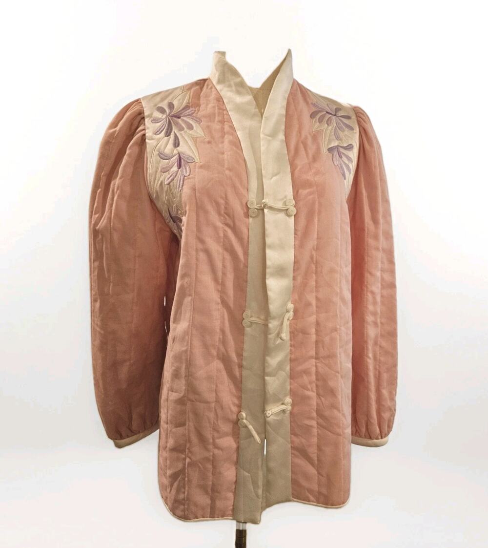 VTG Natori Saks 5th Quilted Housecoat Floral Appliqué Lounge Bed Jacket Small S